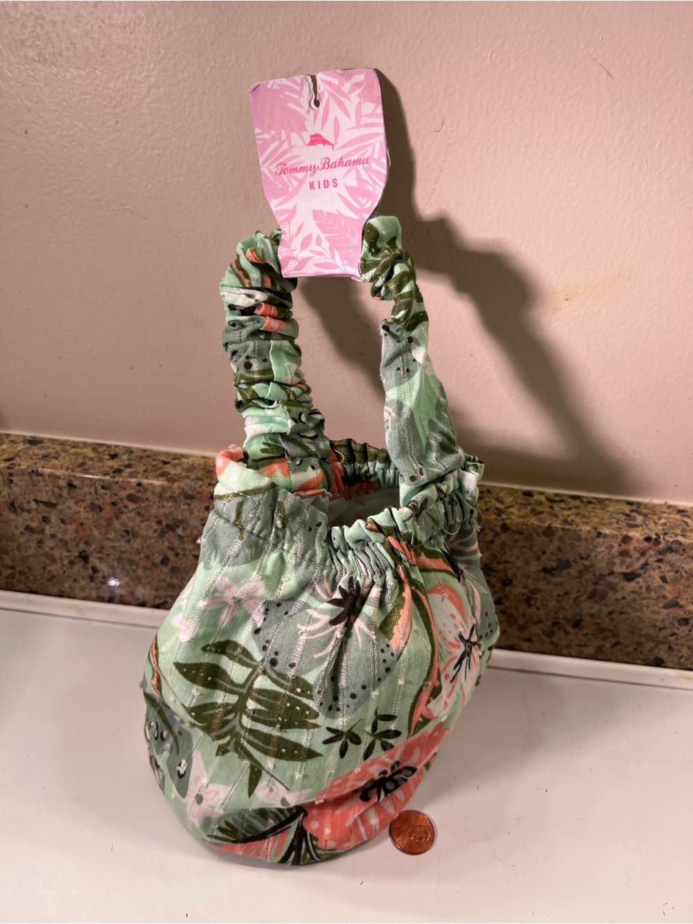 Tommy Bahama Kids Green Floral Scrunch-Handle Mini Bucket Bag NWT 11x5”